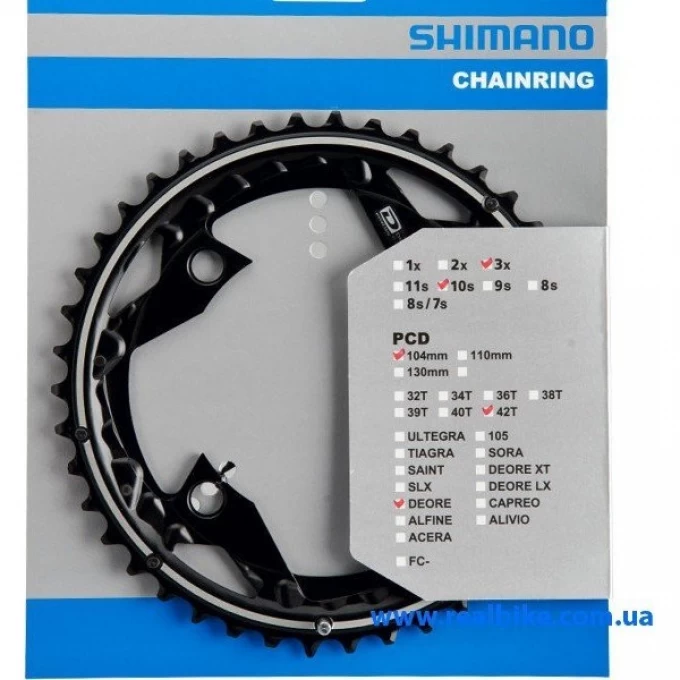 Звезда передняя SHIMANO DEORE FC-M610, 42T, 104 мм, алюминий, черный, Y10098020